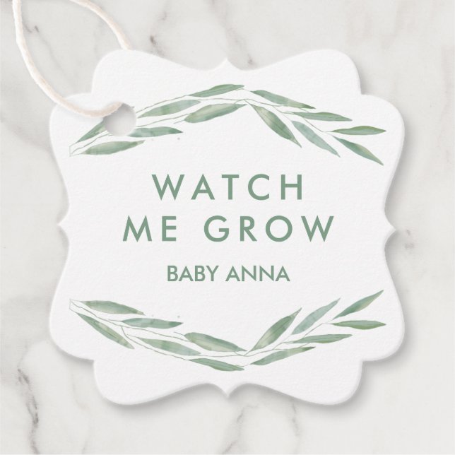 Etiquetas Para Recuerdos Sage Greenery Watch Me Grow Tags, Baby Shower (Anverso)