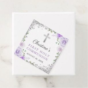 Etiquetas Para Recuerdos Silver Purple Floral 1ª Santa Comunión Gracias
