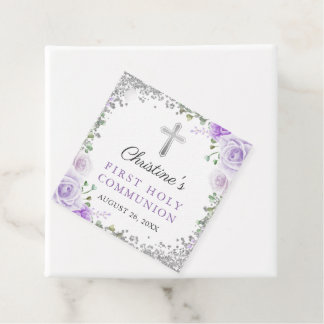 Etiquetas Para Recuerdos Silver Purple Floral 1ª Santa Comunión Gracias