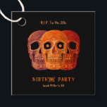 Etiquetas Para Recuerdos Skull Funny Naranja Gothic Birthday Descansa en pa<br><div class="desc">Esta etiqueta favorita presenta un divertido estilo de arte pop negro naranja estilo Gótico de Halloween. Fiesta de cumpleaños RIP a su diseño de cabeza de cráneo de 20 años. Divertido, espeluznante 30 cumpleaños. El diseño de tres cráneos con ojos de googly, es moderno, único, aterrador y moderno. Derechos de...</div>