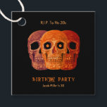 Etiquetas Para Recuerdos Skull Funny Naranja Gothic Birthday Descansa en pa<br><div class="desc">Esta etiqueta favorita presenta un divertido estilo de arte pop negro naranja estilo Gótico de Halloween. Fiesta de cumpleaños RIP a su diseño de cabeza de cráneo de 20 años. Divertido, espeluznante 30 cumpleaños. El diseño de tres cráneos con ojos de googly, es moderno, único, aterrador y moderno. Derechos de...</div>