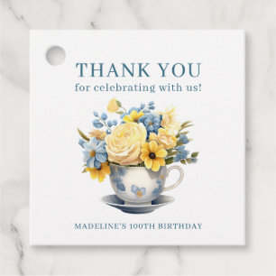 Etiquetas Para Recuerdos Taza de té Amarillo Flores Azules Cumpleaños 100