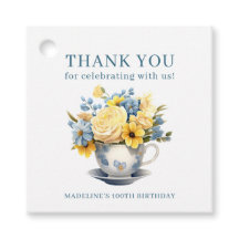 Taza de té Amarillo Flores Azules Cumpleaños 100