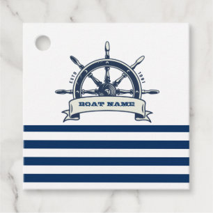 Etiquetas Para Recuerdos Timón de barco náutico, rayas blancas y azul marin