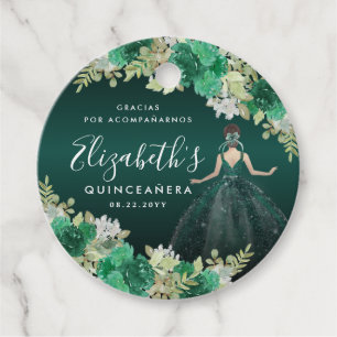 Etiquetas Para Recuerdos Vestido verde esmeralda floral Cumpleaños Quincean