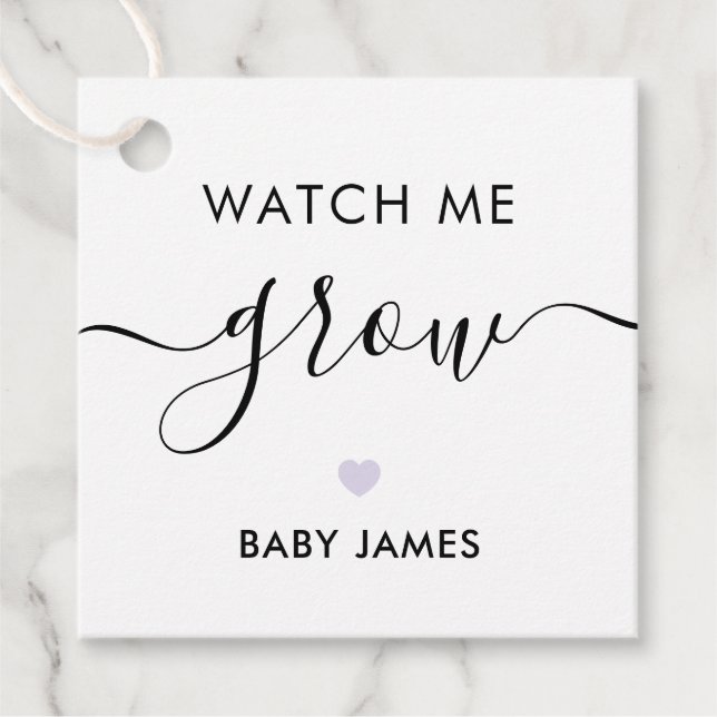 Etiquetas Para Recuerdos Watch Me Grow, Plant Baby Shower Tag, Lavender (Anverso)