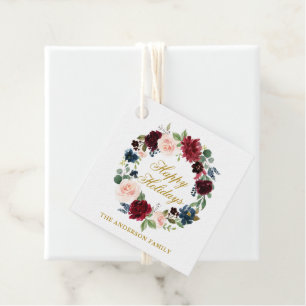 Etiquetas Para Recuerdos Watercolor Floral Wreath Happy Holidays Gold