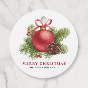 Etiquetas Para Recuerdos Watercolor Red Ball Ornamento Feliz Navidad