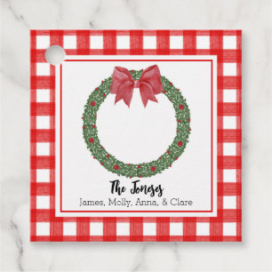 Etiquetas Para Recuerdos Watercolor RedPlaid Navidades Bow Wreath Gift Etiq