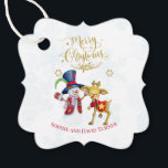 Etiquetas Para Recuerdos Watercolor Snowman Rudolph Merry Christmas Script<br><div class="desc">Elegante tipografía de la Navidad Gold Merry,  copos de nieve dorados y azules,  snowman acuarela y reno Rudolph,  sobre un fondo blanco. Utilice la herramienta Personalize para agregar su información. Para obtener más elementos coincidentes,  visite mi colección de Navidades de sueño.</div>