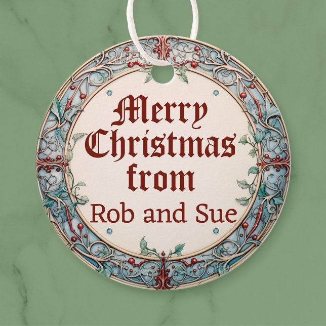 Etiquetas Para Recuerdos Wreath navidades (A Christmas wreath gift tag with personalised names is shown.)