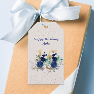Etiquetas Para Regalos 15.º Nacimiento Rosas Azules Gold Floral Número 15