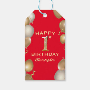 Etiquetas Para Regalos 1.ᵉʳ Fiesta de cumpleaños Globos Rojo y Oro