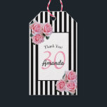 Etiquetas Para Regalos 30th birthday black white stripes pink floral name<br><div class="desc">A gift tag for a 30th birthday party. Classic slim black and white vertical stripes as background. With girly and feminine pink roses as decoration. A white and black frame on front with template for age, name and date. Age number 30 in pink, name and date in black. The name...</div>