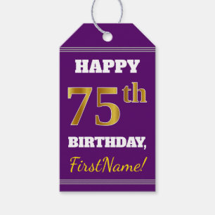 Etiquetas Para Regalos 75.o cumpleaños del oro púrpura, falso + Nombre 
