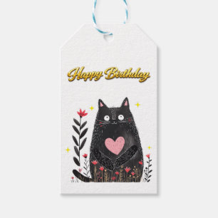 Etiquetas Para Regalos Acuarela Floral Gato Negro Corazón Rosa Cumpleaños