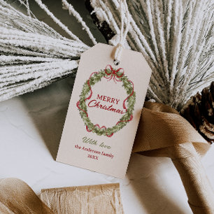 Etiquetas Para Regalos Acuarela Verde Rojo Vestido Wreath Feliz Navidad