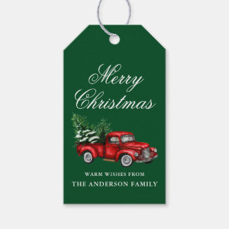 Etiquetas Para Regalos Acuarela Vintage Camión Rojo Feliz Navidad Verde