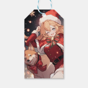 Etiquetas Para Regalos Adorable Chica de Santa Anime y Navidades Perro Sh