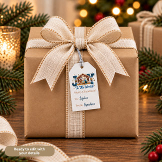 Etiquetas Para Regalos Alegría al mundo Escena de la Natividad Azul Perso