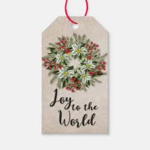 Etiquetas Para Regalos Alegría al mundo Wreath de poinsettia verde clar