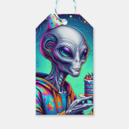 Etiquetas Para Regalos Alien sostiene pastel de cumpleaños