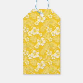 ETIQUETAS PARA REGALOS AMARILLO CON FLORES DE HIBISCO BLANCO TROPICAL
