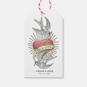 Etiquetas Para Regalos Amor verdadero   Aves de tatuaje vintage con coraz