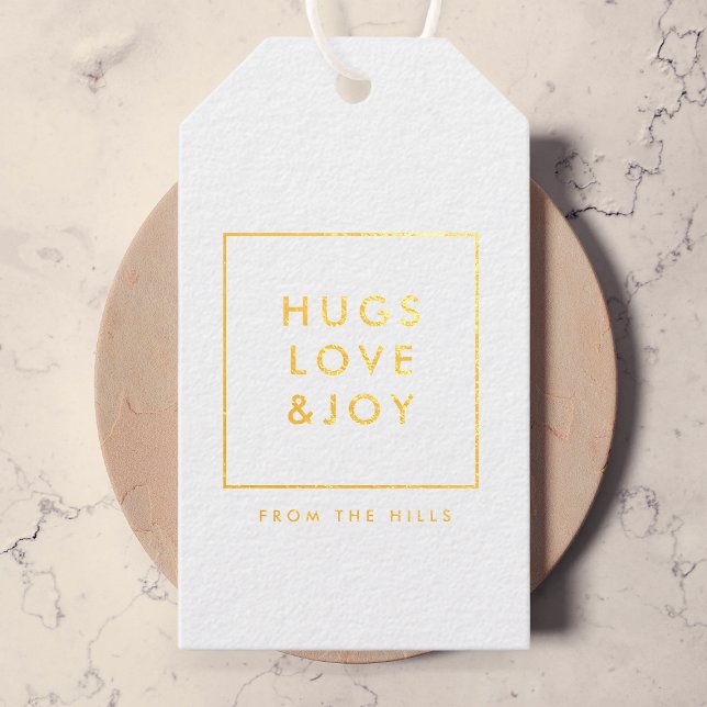 Etiquetas Para Regalos Amor y alegría Navidades elegantes oro y blanco (Modern minimalist gold foil Christmas tags designed for chic and contemporary gift packaging)