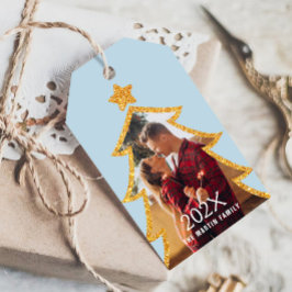 Etiquetas Para Regalos Árbol de Navidad azul brillante Foto personalizada