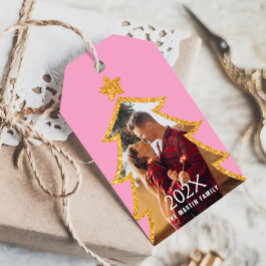 Etiquetas Para Regalos Árbol de Navidad brillante rosa Foto personalizada