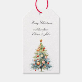 Etiquetas Para Regalos Árbol de Navidad con adornos naranjas rojos