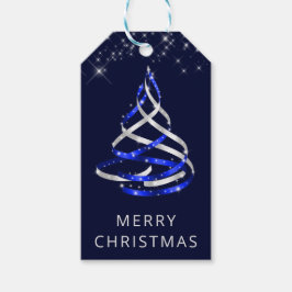Etiquetas Para Regalos Árbol de Navidad con Cinta Azul y Plateada y Brill