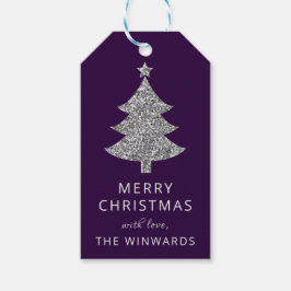 Etiquetas Para Regalos Árbol de Navidad con purpurina púrpura y plateada