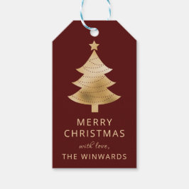 Etiquetas Para Regalos Árbol de Navidad de color burdeos, granate y dorad