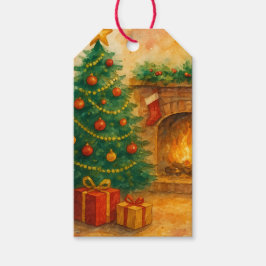 Etiquetas Para Regalos Árbol de Navidad en acuarela y chimenea acogedora 