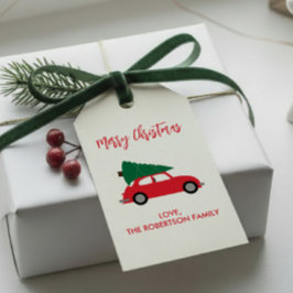 Etiquetas Para Regalos Árbol de Navidad moderno y auto rojo de mediados d