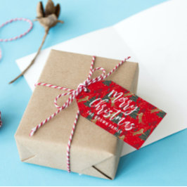 Etiquetas Para Regalos Árboles de Navidad y tigres patrón fondo rojo