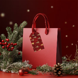 Etiquetas Para Regalos Árboles navideños de oro festivo en rojo