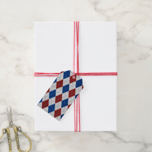 Etiquetas Para Regalos Argyle Rojo, Blanco y Azul Brillante 4 de Julio