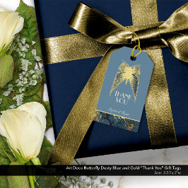 Etiquetas Para Regalos Art Deco Mariposa Blue Gold "Gracias"