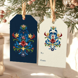 Etiquetas Para Regalos Arte Folclórico Escandinavo Rosemaling Floral Rojo
