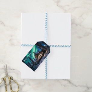 Etiquetas Para Regalos Aurora borealis sobre la cabaña de invierno