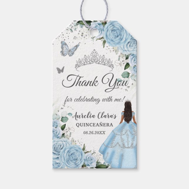 Etiquetas Para Regalos Azul cielo Floral Princesa Vestido Plata Quinceañe (Anverso)