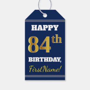 Etiquetas Para Regalos Azul, Dorado Falso Cumpleaños 84 + Nombre Personal