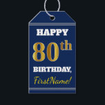 Etiquetas Para Regalos Azul, Faux Gold 80th Birthday   Nombre personaliza<br><div class="desc">El diseño de esta etiqueta de regalo de cumpleaños incluye un mensaje como "¡FELIZ 80º CUMPLEAÑOS, nombre!", donde el nombre puede ser personalizado, y donde el número "80º" tiene un aspecto de color falso/imitación de color dorado. En la parte delantera hay un fondo de color azul. En la parte posterior...</div>