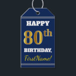 Etiquetas Para Regalos Azul, Faux Gold 80th Birthday   Nombre personaliza<br><div class="desc">El diseño de esta etiqueta de regalo de cumpleaños incluye un mensaje como "¡FELIZ 80º CUMPLEAÑOS, nombre!", donde el nombre puede ser personalizado, y donde el número "80º" tiene un aspecto de color falso/imitación de color dorado. En la parte delantera hay un fondo de color azul. En la parte posterior...</div>