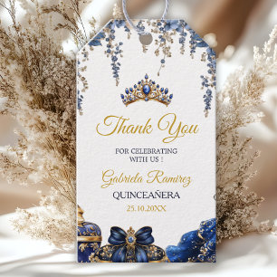 Etiquetas Para Regalos Azul Real Tiara Floral Dorada Quinceañera