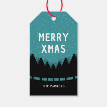 Azul retro Feliz Navidad con pinos y nieve