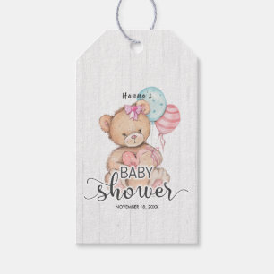 Etiquetas Para Regalos Baby Shower, Chica de Oso de Madera Blanca y Teddy